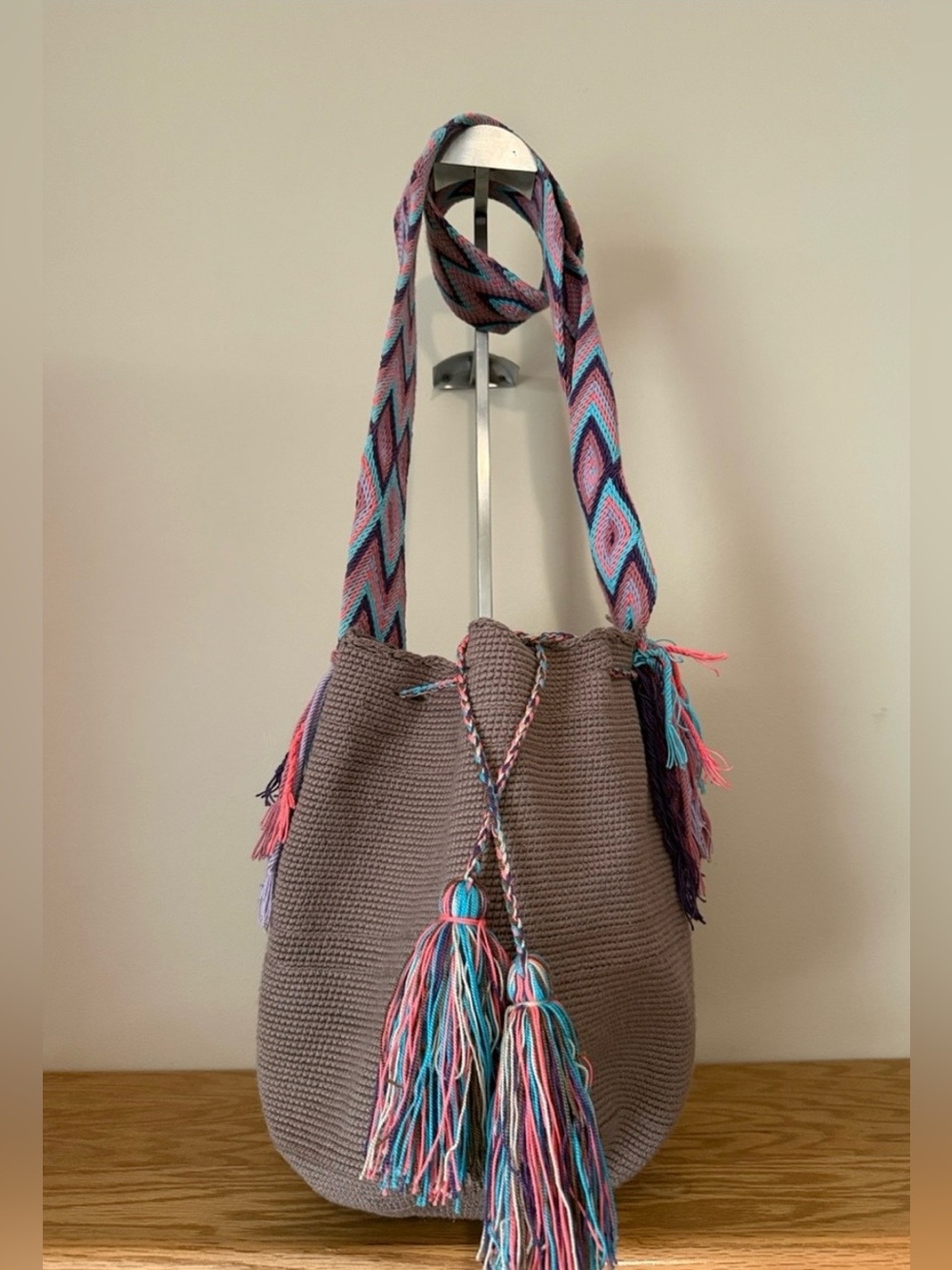 Handwoven Colombian Bag with Multicolor Chevron Strap & Tassels